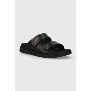 Kožené šľapky Calvin Klein FLAT ADJ SLIDE CALVIN MTL LTH dámske, čierna farba, HW0HW01954