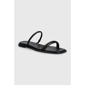 Kožené šľapky Calvin Klein FLAT SLIDE LTH dámske, čierna farba, HW0HW02127