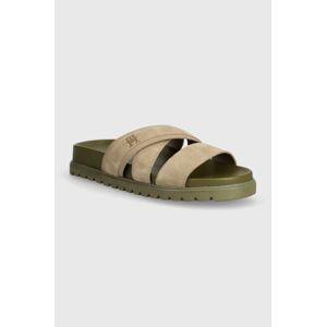 Semišové šľapky Tommy Hilfiger ELEVATED TH CRISS SUEDE SANDAL pánske, béžová farba, FM0FM05065