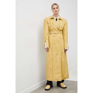 Kožený kabát Gestuz dámsky, žltá farba, prechodný, dvojradový