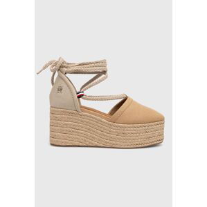 Espadrilky Tommy Hilfiger CLOSED TOE LINEN FLATFORM dámske, béžová farba, na kline, FW0FW07746