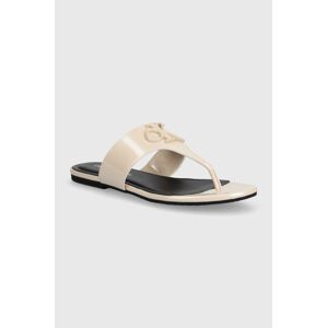 Žabky Calvin Klein Jeans FLAT SANDAL SLIDE TOEPOST MG MET dámske, béžová farba, na plochom podpätku, YW0YW01342