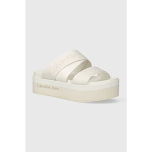 Šľapky Calvin Klein Jeans FLATFORM SANDAL WEBBING IN MR dámske, béžová farba, na platforme, YW0YW01361