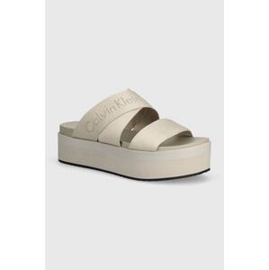 Šľapky Calvin Klein Jeans FLATFORM SANDAL WEBBING IN MR dámske, béžová farba, na platforme, YW0YW01361