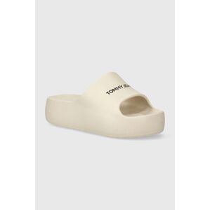 Šľapky Tommy Jeans TJW CHUNKY FLATFORM SLIDE dámske, béžová farba, na platforme, EN0EN02454