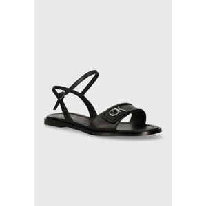 Kožené sandále Calvin Klein FLAT SANDAL RELOCK LTH dámske, čierna farba, HW0HW01942