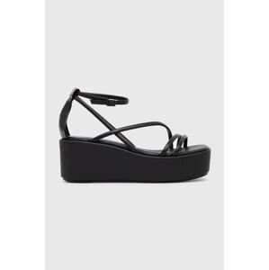 Kožené sandále Calvin Klein WEDGE SANDAL 30 LTH dámske, čierna farba, na platforme, HW0HW01949