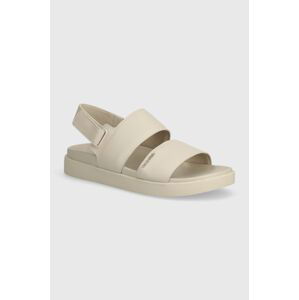 Kožené sandále Calvin Klein FLAT SANDAL CALVIN MTL LTH dámske, béžová farba, HW0HW01984