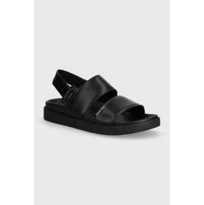 Kožené sandále Calvin Klein FLAT SANDAL CALVIN MTL LTH dámske, čierna farba, HW0HW01984