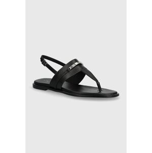 Kožené sandále Calvin Klein FLAT TP SANDAL METAL BAR LTH dámske, čierna farba, HW0HW02031
