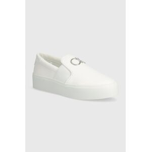 Kožené tenisky Calvin Klein FLATFORM CUP SLIP ON RE LOCK LTH dámske, biela farba, HW0HW02057