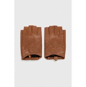 Kožené rukavice bez prstov Karl Lagerfeld dámske, hnedá farba