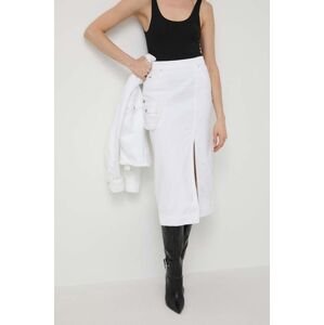 Rifľová sukňa Armani Exchange biela farba, midi, rovný strih