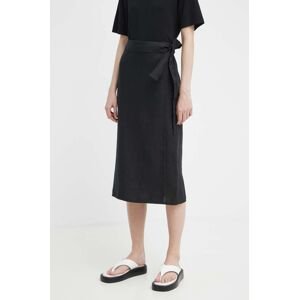 Ľanová sukňa Marc O'Polo čierna farba, midi, rovný strih, 404064520219