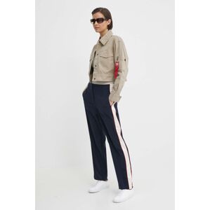 Nohavice Tommy Hilfiger dámske, tmavomodrá farba, priliehavé, vysoký pás, WW0WW41607