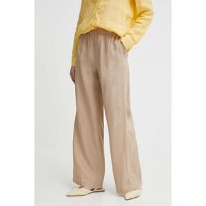 Ľanové nohavice Sisley béžová farba, široké, vysoký pás