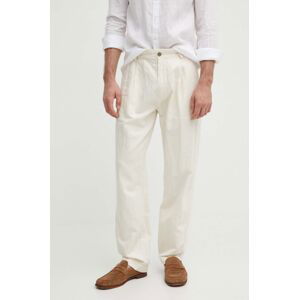 Nohavice Pepe Jeans RELAXED PLEATED LINEN PANTS pánske, béžová farba, strih chinos, PM211700