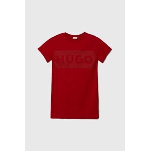 Dievčenské bavlnené šaty HUGO červená farba, mini, rovný strih