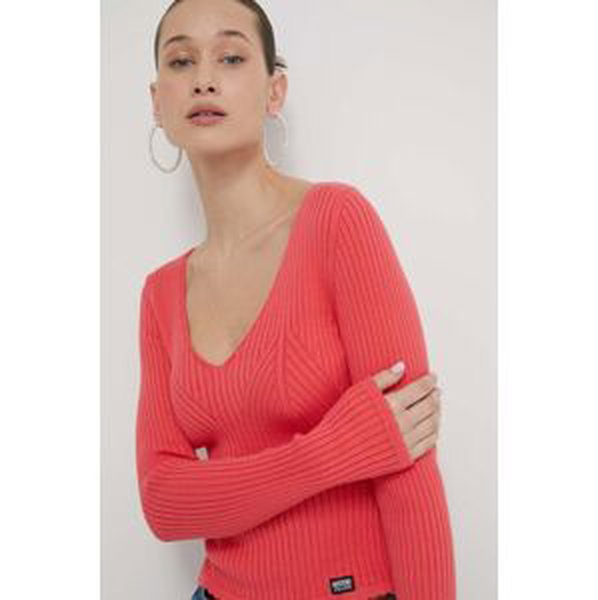 Bavlnený sveter Moschino Jeans ružová farba, tenký