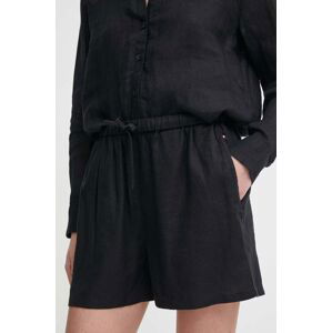 Ľanové šortky Tommy Hilfiger čierna farba, jednofarebné, vysoký pás, WW0WW41376