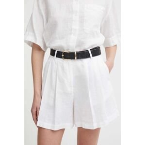 Ľanové šortky Sisley biela farba, jednofarebné, vysoký pás