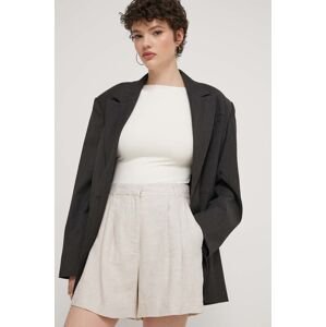 Ľanové šortky Abercrombie & Fitch béžová farba, jednofarebné, vysoký pás