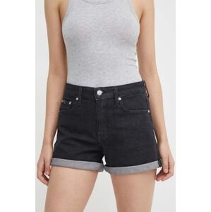 Rifľové krátke nohavice Calvin Klein Jeans dámske,čierna farba,jednofarebné,vysoký pás,J20J222808