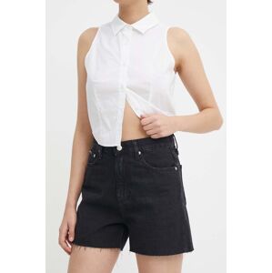 Rifľové krátke nohavice Calvin Klein Jeans dámske,čierna farba,jednofarebné,vysoký pás,J20J222812