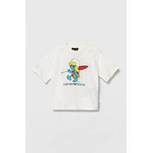 Detské bavlnené tričko Emporio Armani The Smurfs biela farba, s potlačou