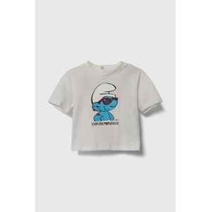 Detské bavlnené tričko Emporio Armani x The Smurfs béžová farba, s potlačou
