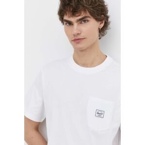 Bavlnené tričko Herschel pánsky, biela farba, jednofarebný
