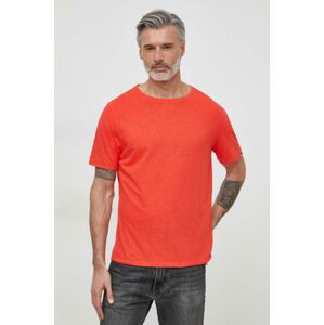 Tričko s prímesou ľanu Tommy Hilfiger červená farba, jednofarebný