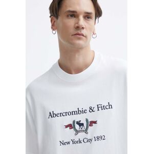 Bavlnené tričko Abercrombie & Fitch pánsky, biela farba, s nášivkou