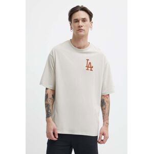 Bavlnené tričko New Era pánske, béžová farba, s nášivkou, LOS ANGELES DODGERS