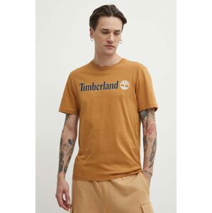 Bavlnené tričko Timberland pánske, hnedá farba, s potlačou, TB0A5UPQP471