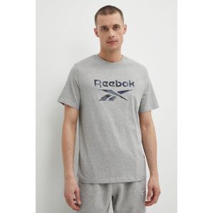 Bavlnené tričko Reebok pánske, šedá farba, s potlačou, 100076379