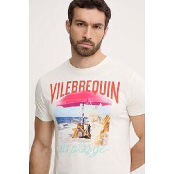 Bavlnené tričko Vilebrequin PORTISOL pánske, béžová farba, s potlačou, PTSAP386