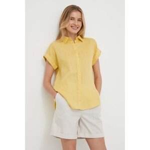 Ľanová košeľa Lauren Ralph Lauren žltá farba, voľný strih, s klasickým golierom