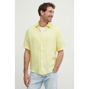 Ľanová košeľa BOSS BOSS ORANGE žltá farba, regular, s klasickým golierom