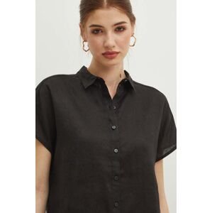 Ľanová košeľa Medicine dámska, čierna farba, regular, s klasickým golierom