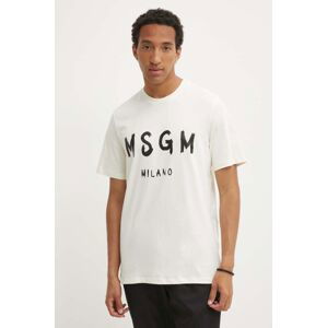Bavlnené tričko MSGM pánske, béžová farba, s potlačou, 2000MM510.200002