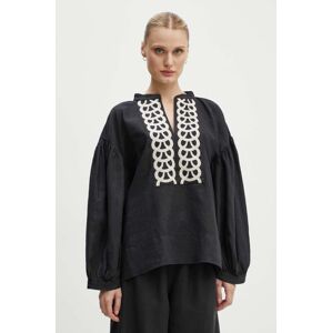 Ľanová blúzka By Malene Birger CADMUS čierna farba, s nášivkou, Q70967009