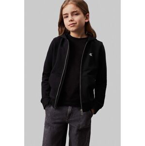 Detská bavlnená mikina Calvin Klein Jeans čierna farba, s kapucňou, s potlačou, IB0IB02131