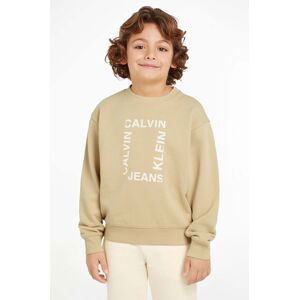 Detská bavlnená mikina Calvin Klein Jeans béžová farba, s potlačou, IB0IB02133
