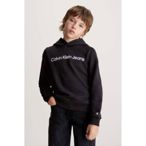 Detská bavlnená mikina Calvin Klein Jeans čierna farba, s kapucňou, s potlačou, IU0IU00601