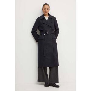 Vlnený kabát BOSS čierna farba, prechodný, dvojradový, 50518503