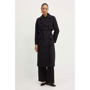 Vlnený kabát BOSS čierna farba, prechodný, dvojradový, 50518503