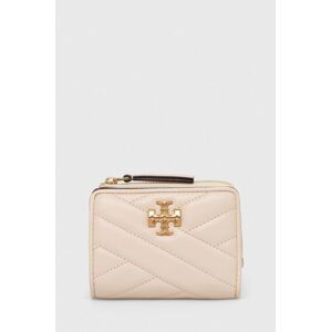 Kožená peňaženka Tory Burch Kira Chevron Bi-Fold dámska, béžová farba, 153121.122