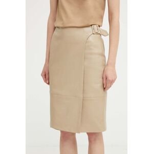 Kožená sukňa BOSS béžová farba, mini, áčkový strih, 50530060