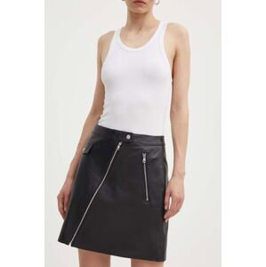 Kožená sukňa HUGO čierna farba, mini, áčkový strih, 50516749